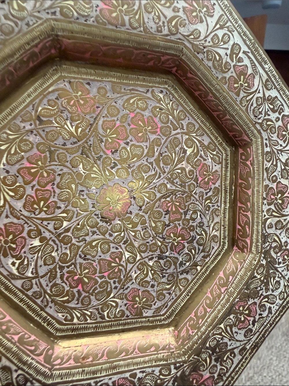 Gold Brass and Pink Embossed Octagonal Floral Wall Plate